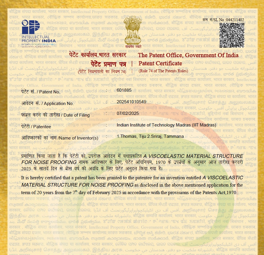 Congratulations to Prof. Tiju Thomas and his student for grant of Indian Patent